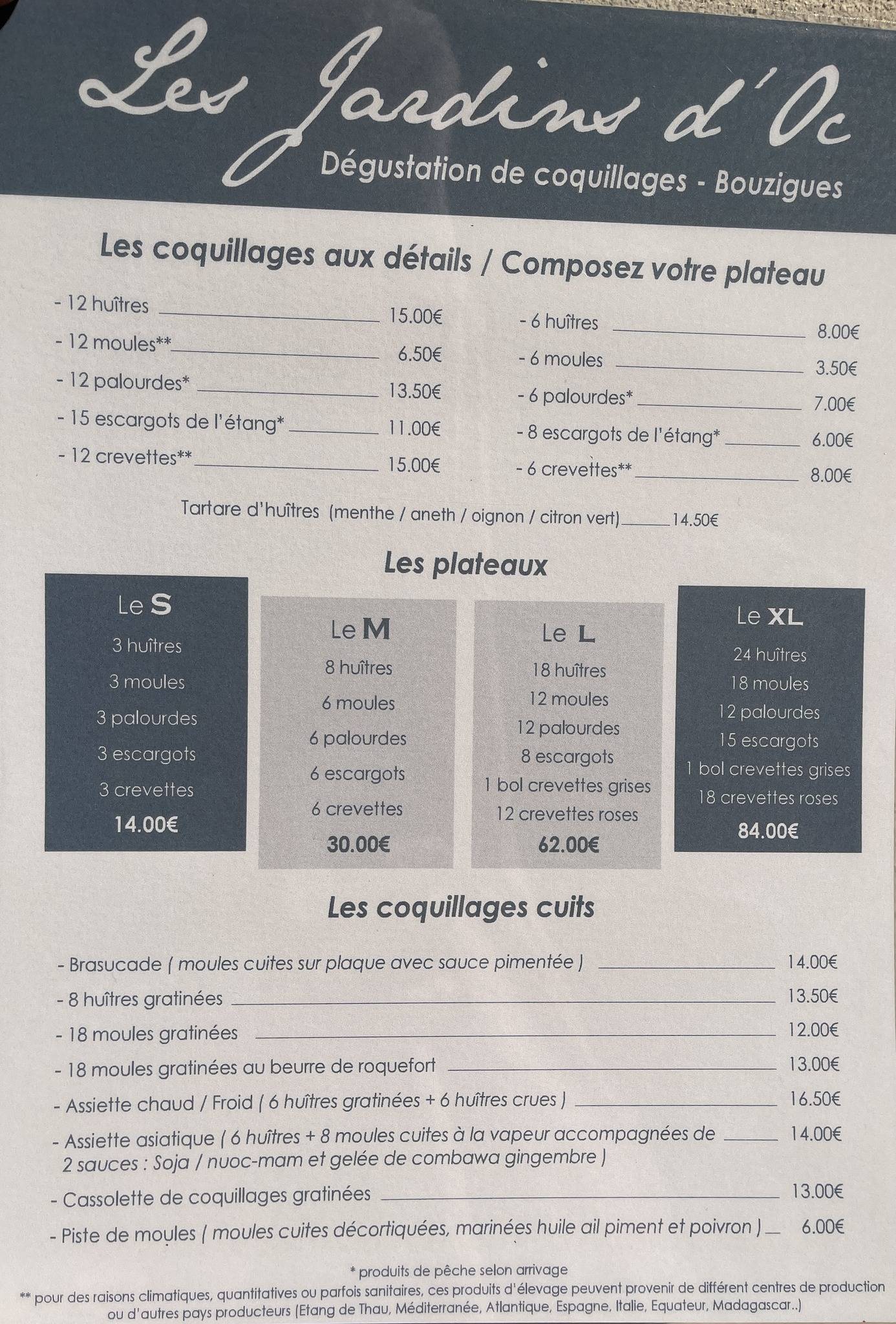 Menu au Les Jardins d'Oc restaurant, Bouzigues