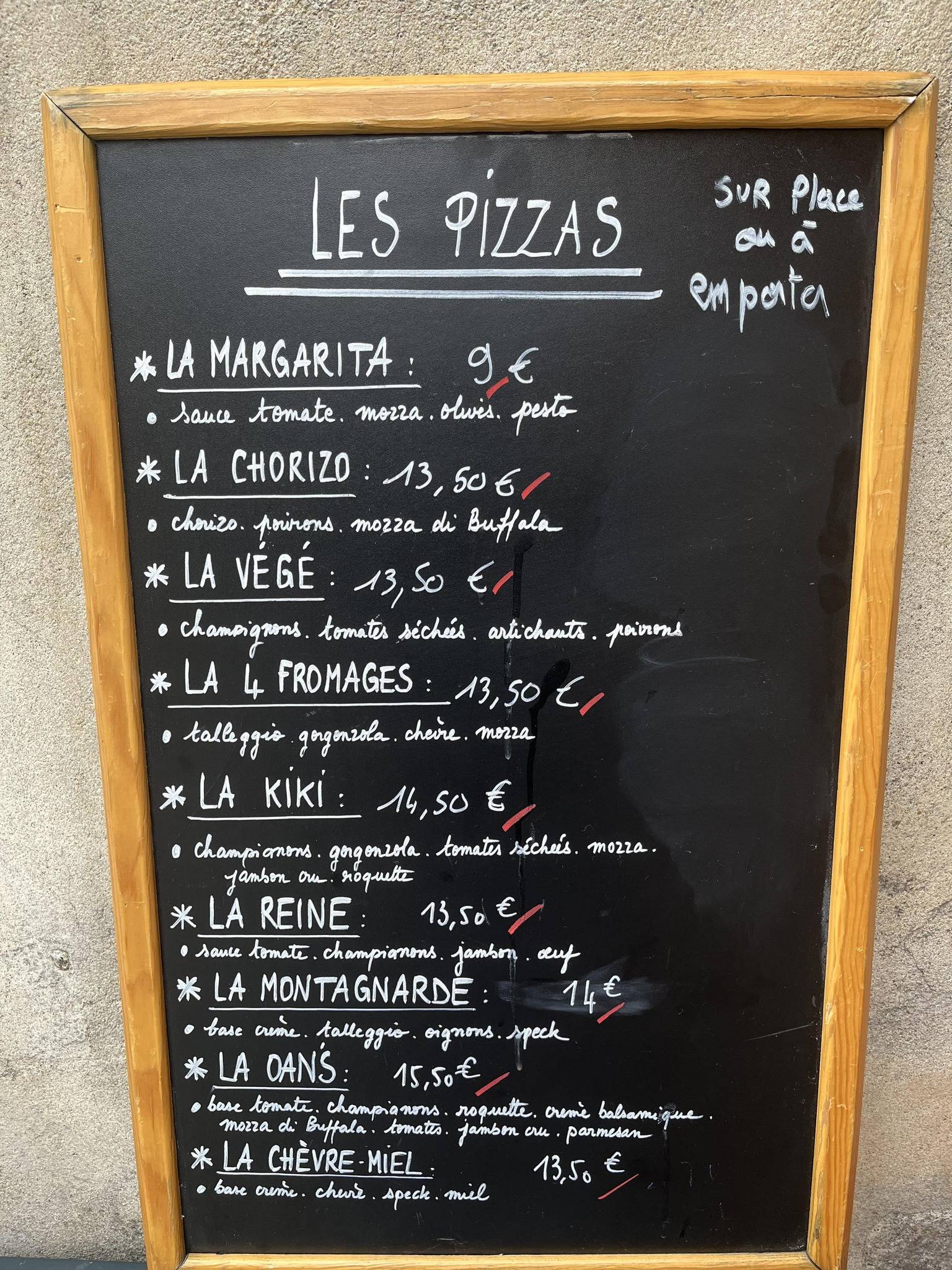 Menu de Les pizzas du Oan's