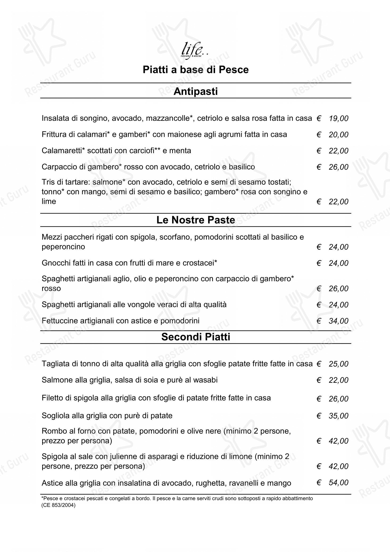菜单 per Life ristorante