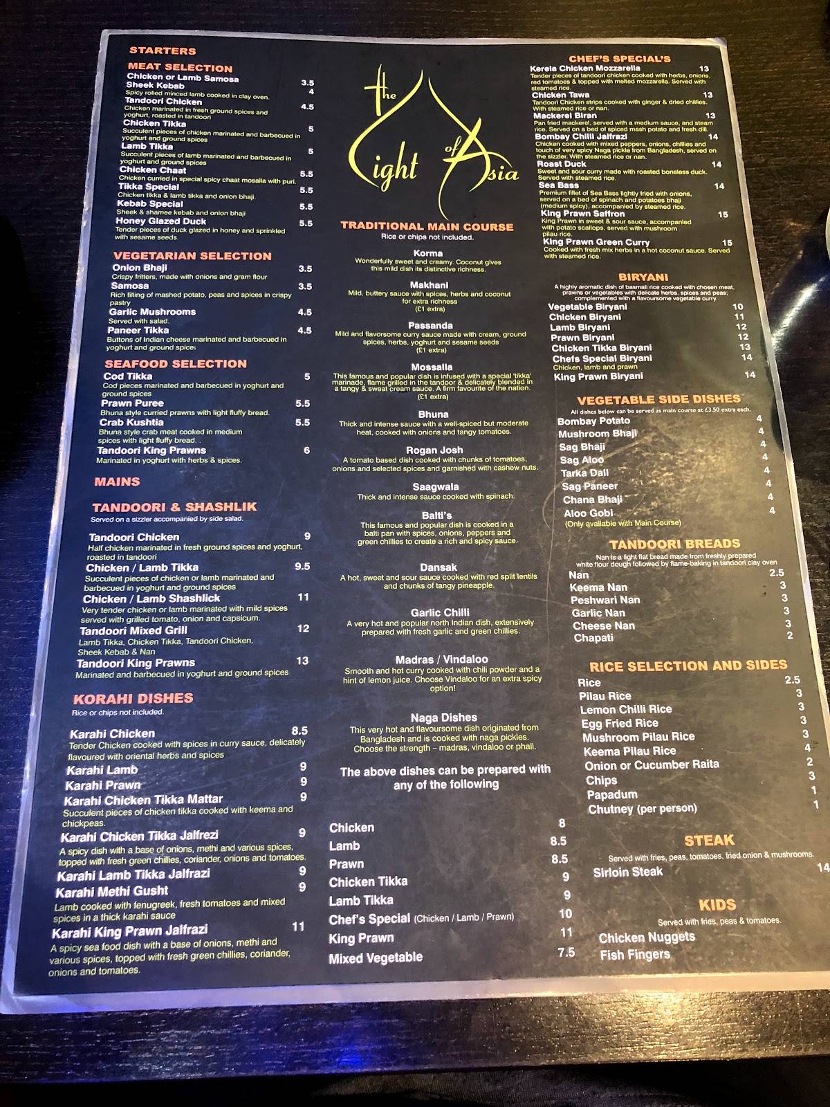 Menu at Light of Asia restaurant, Aberystwyth