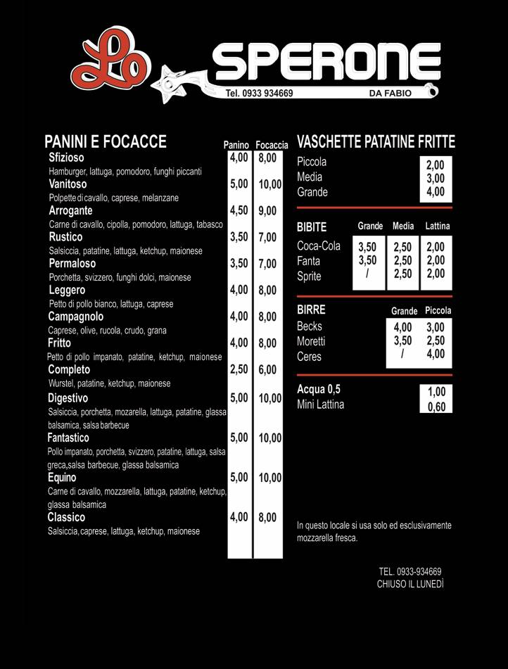 Menu di Lo Sperone 