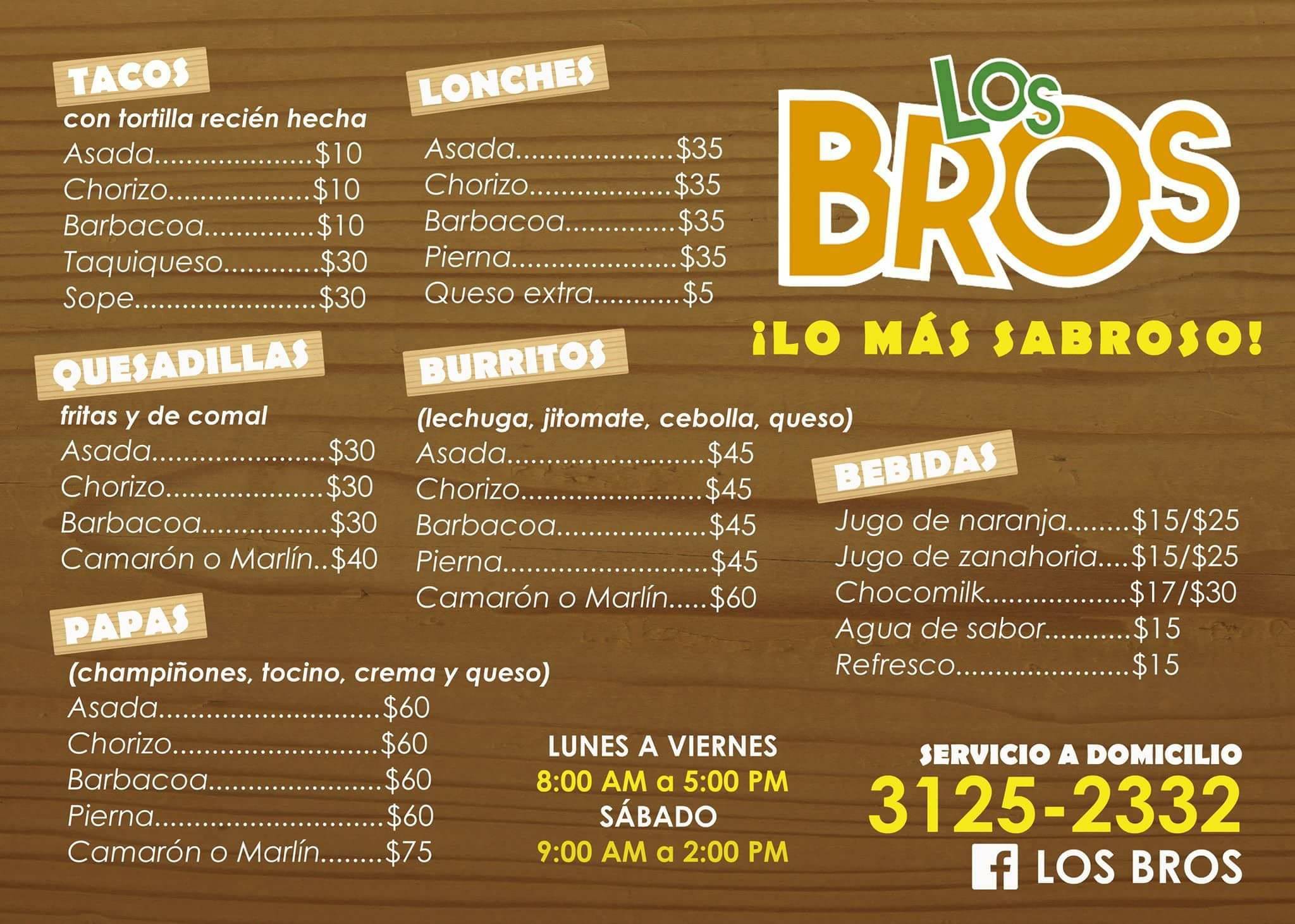 Menu at Los Bros restaurant, Zapopan