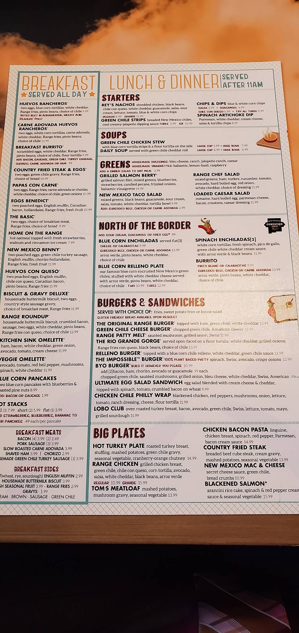 Menu at Range Cafe Los Lunas, Los Lunas