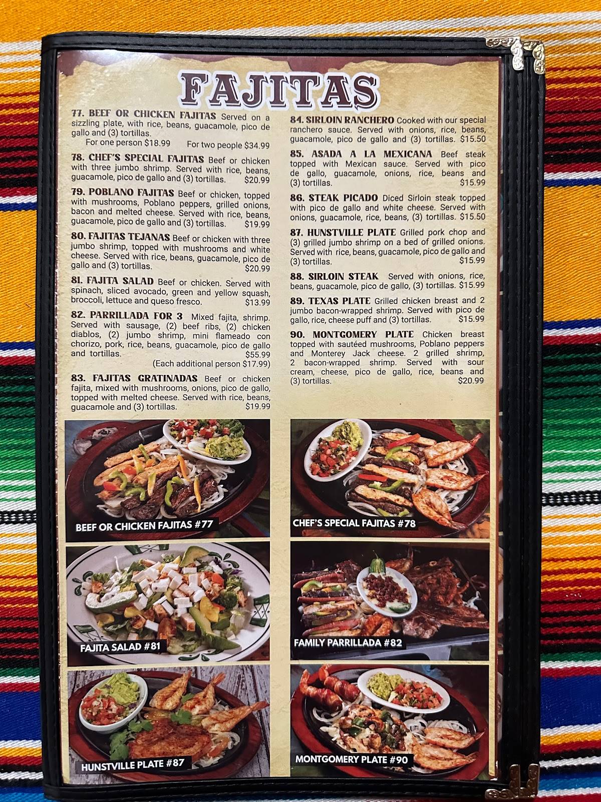 Menu at Los Pericos restaurant, Huntsville