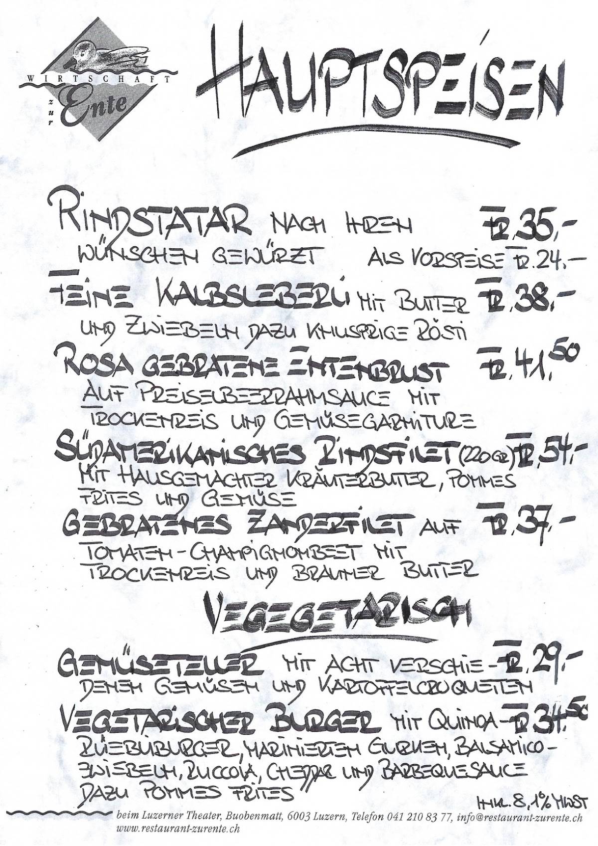 Menu di Wirtschaft zur Ente 