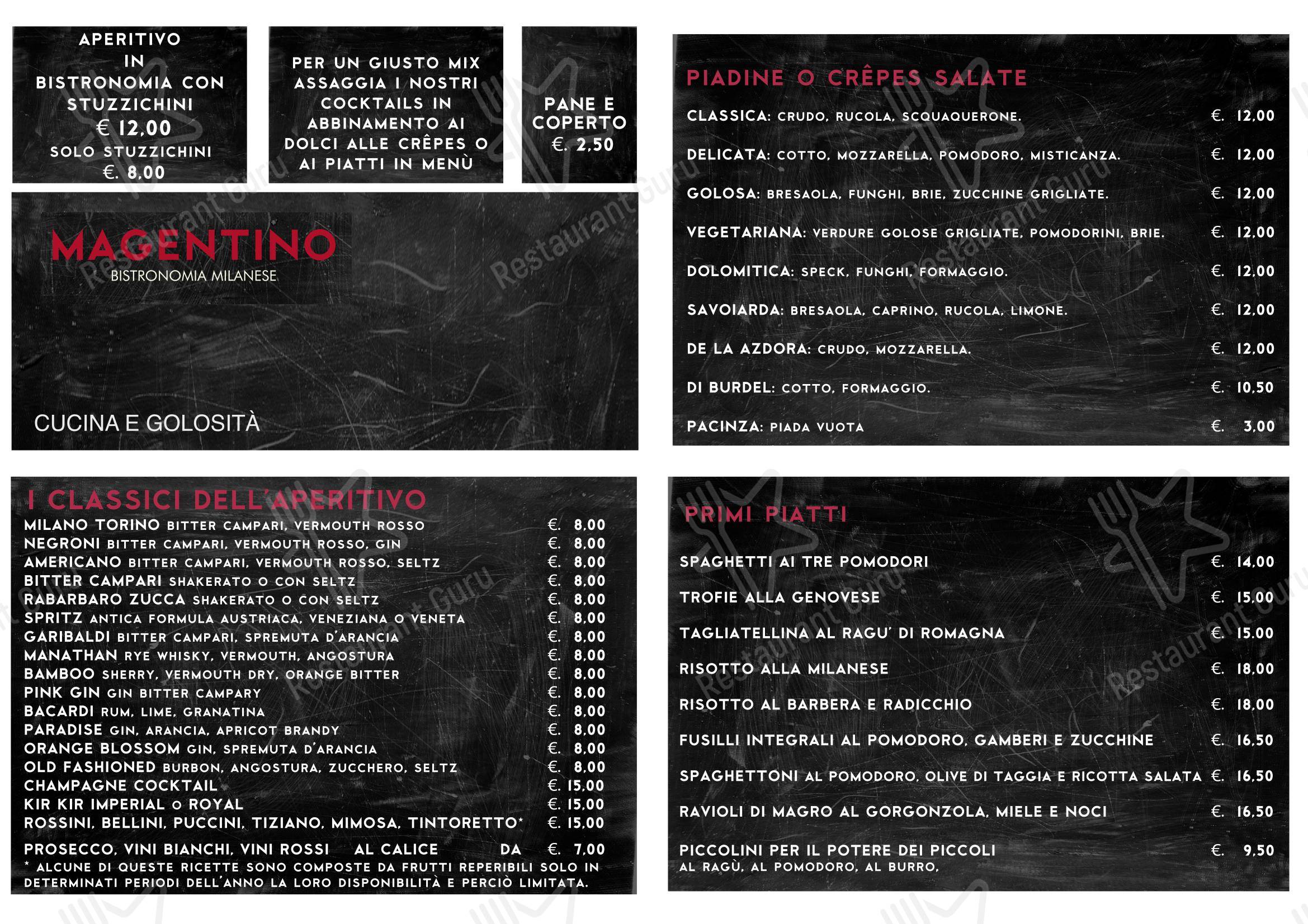Menu bar per MAGENTINO BISTRONOMIA MILANESE ristorante