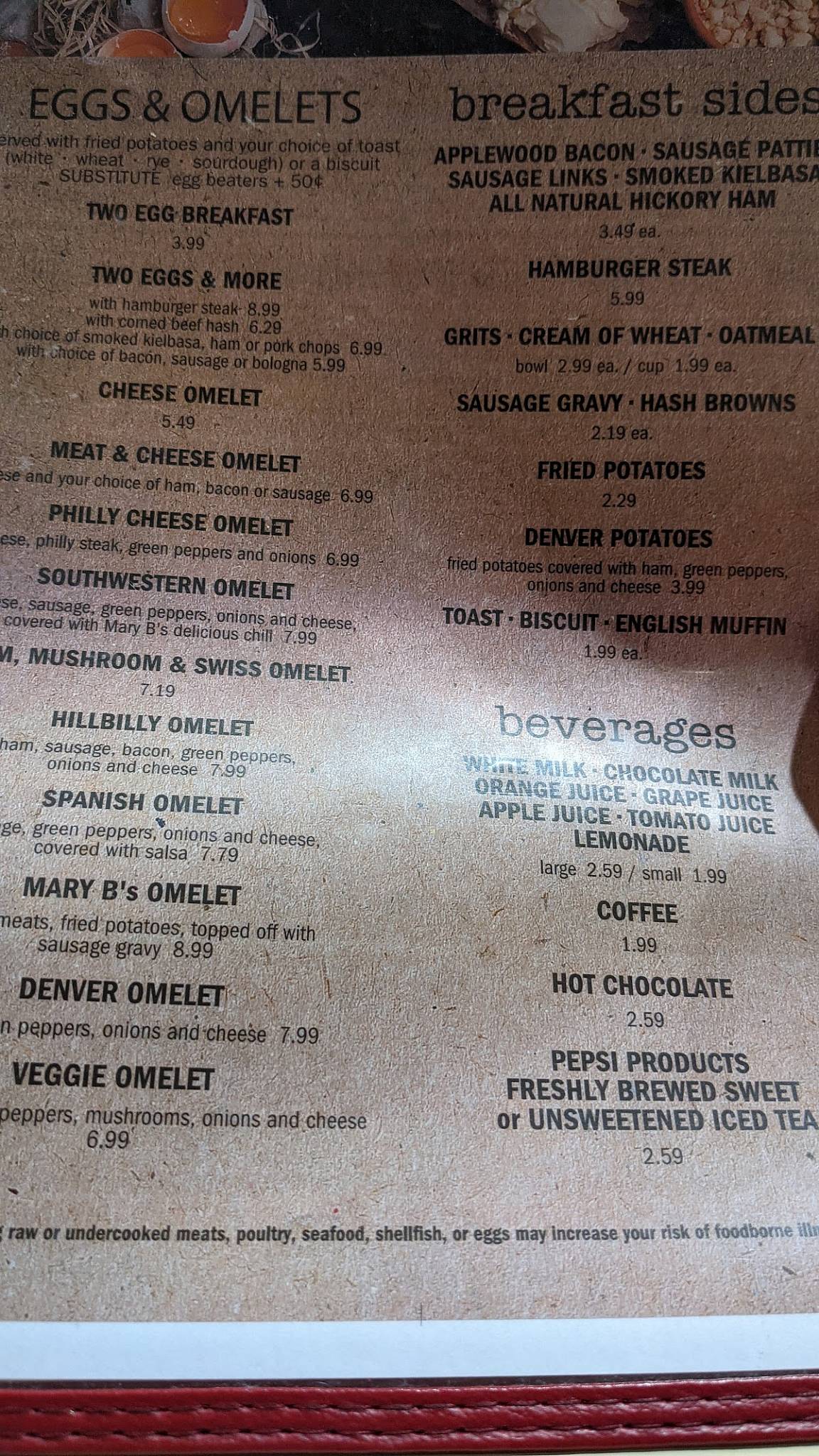 Menu at Mary B's Diner restaurant, Parkersburg