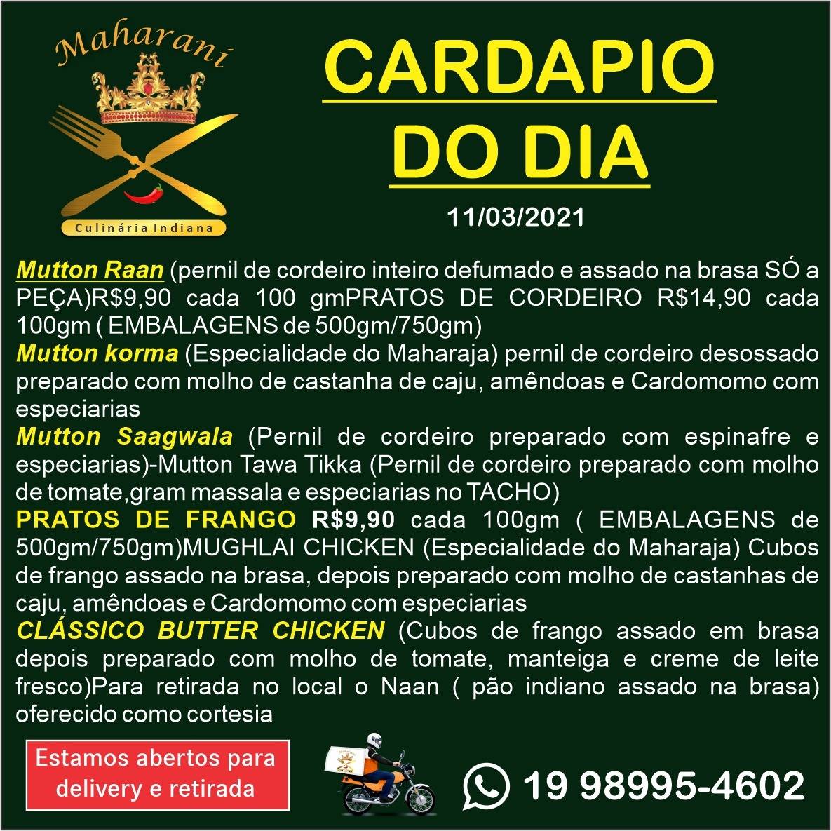 Maharani Culinária Indiana Campinas cardápio