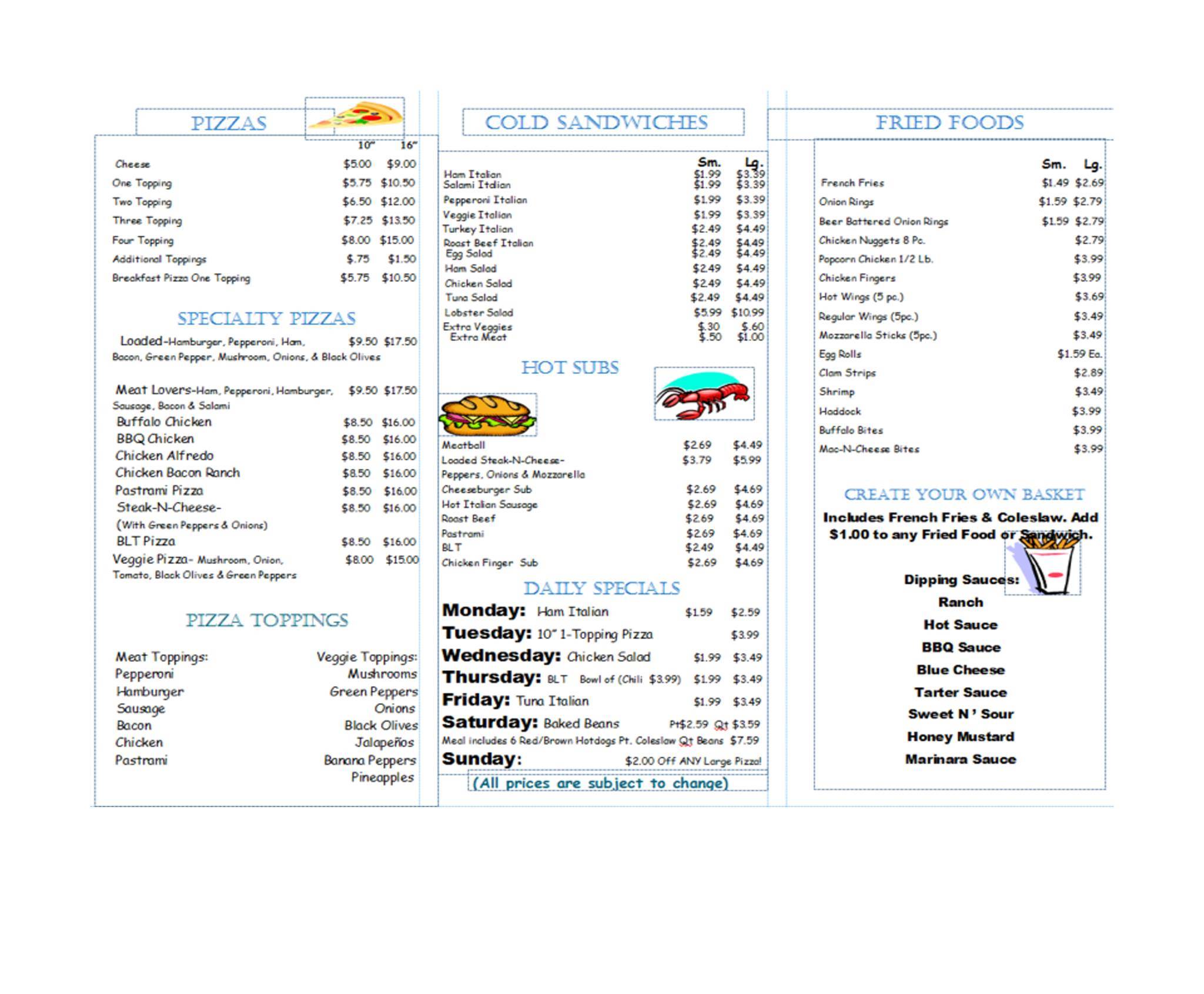 Menu at Main Street Market, Sabattus