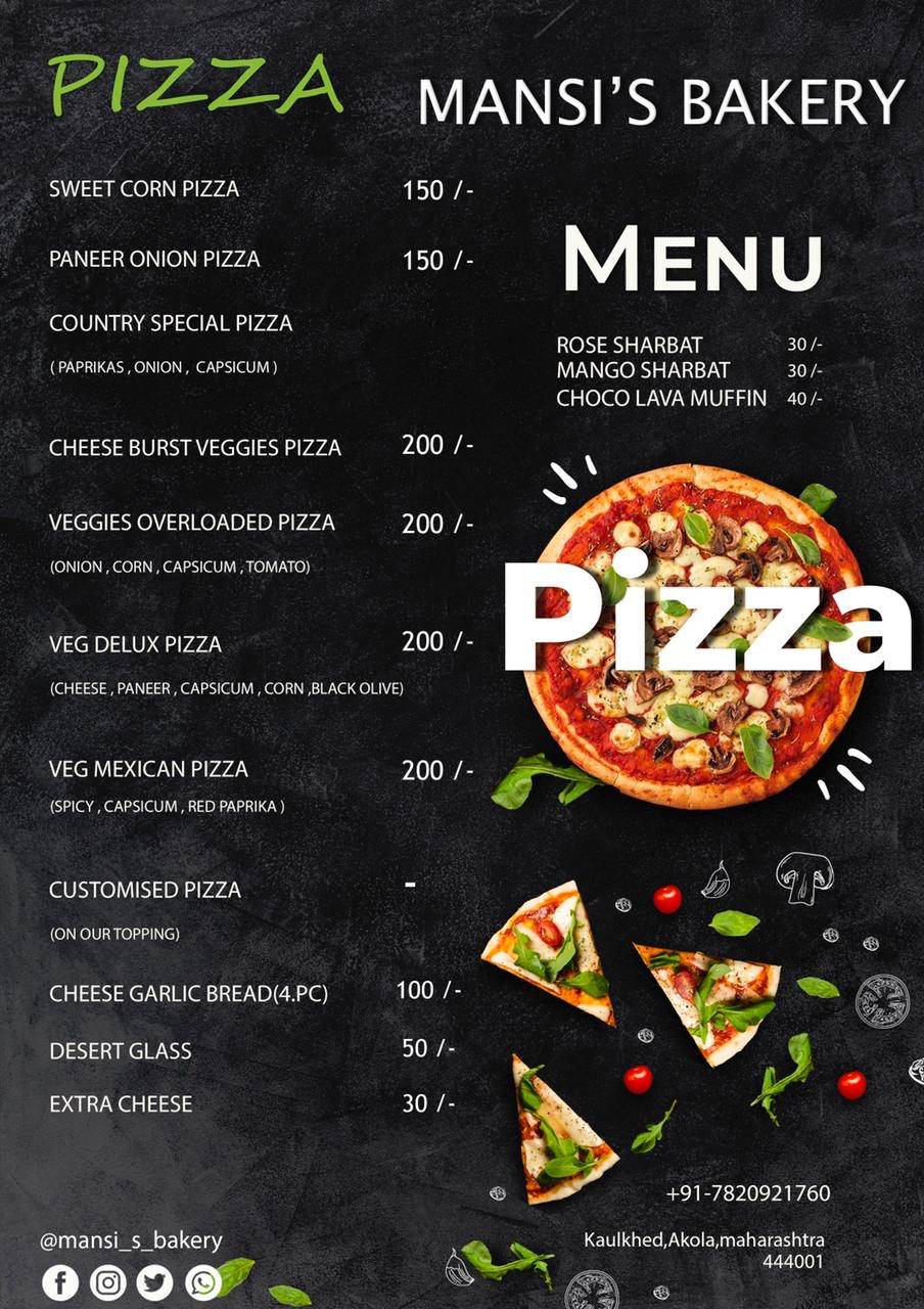 Manasi's Bakery menu