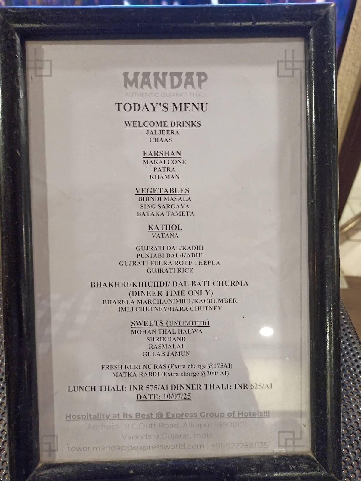 Mandap The Authentic Gujarati Thali Restaurant menu