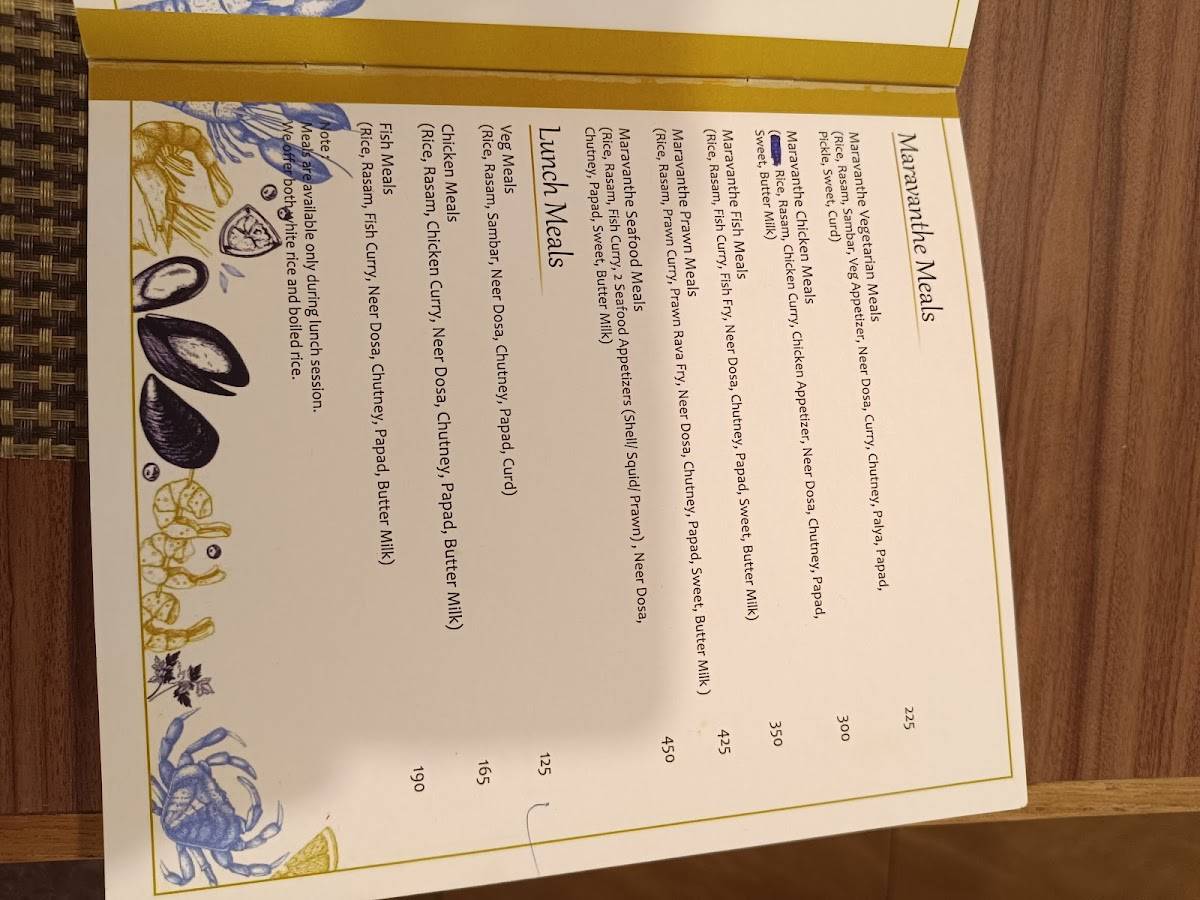 Maravanthe Coastal Cuisine menu