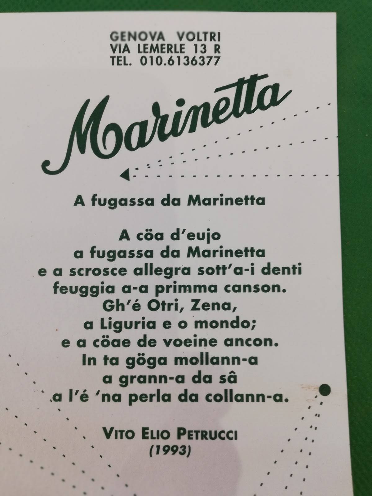 Menu di Marinetta dal 1946 