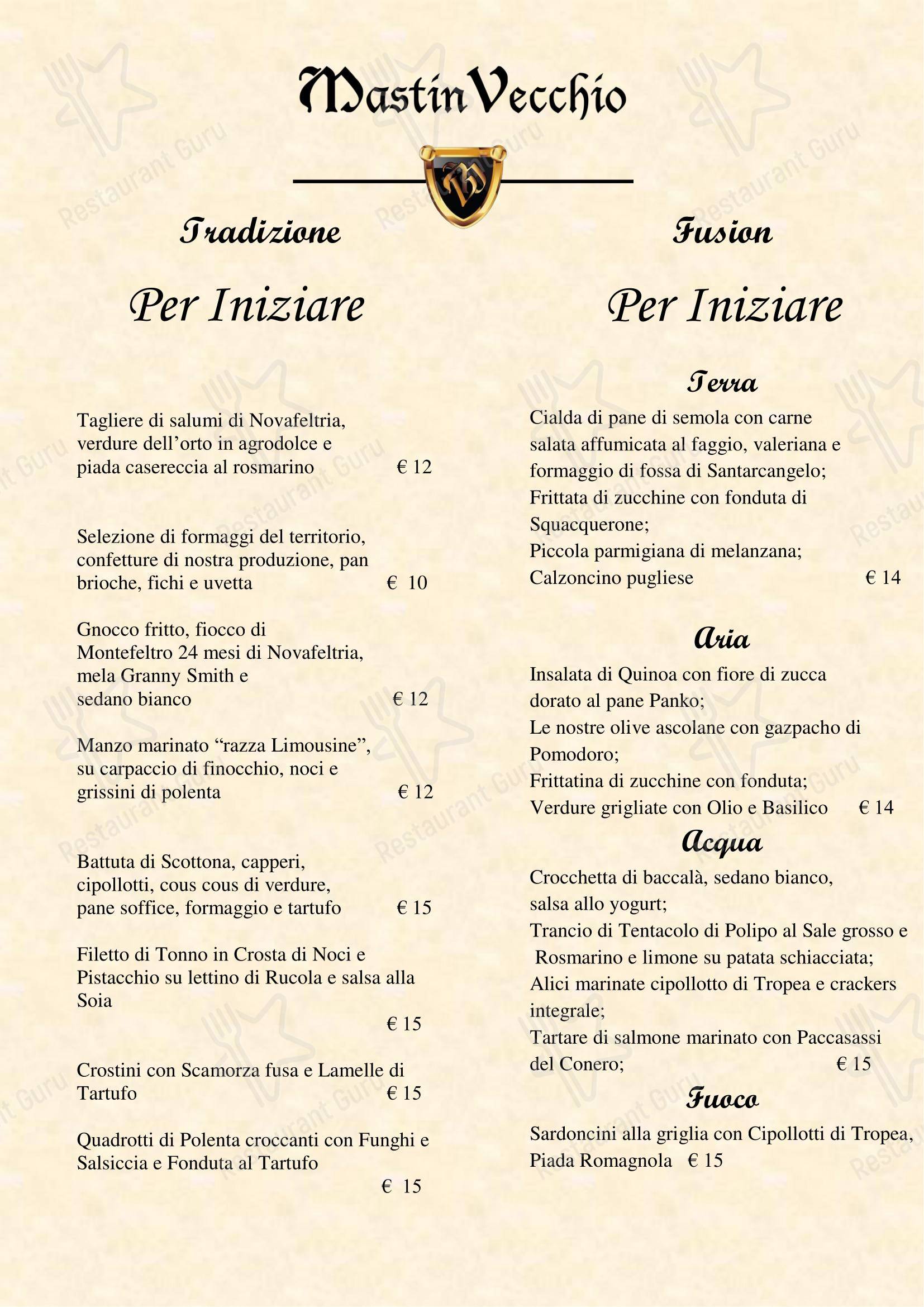Menu per Mastin Vecchio ristorante