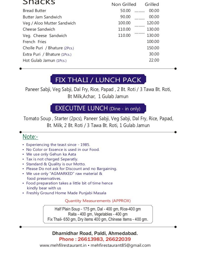 Mehfil Restaurant menu