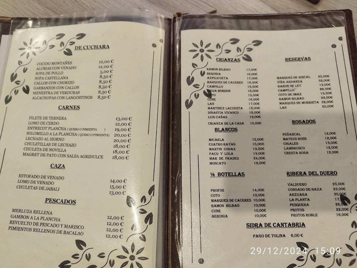 Menu at Mesón Río Argoza restaurant, Bárcena Mayor