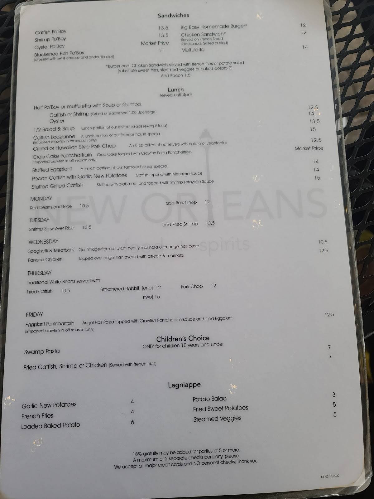 Menu at new orleans food spirits restaurant metairie 210 metairie