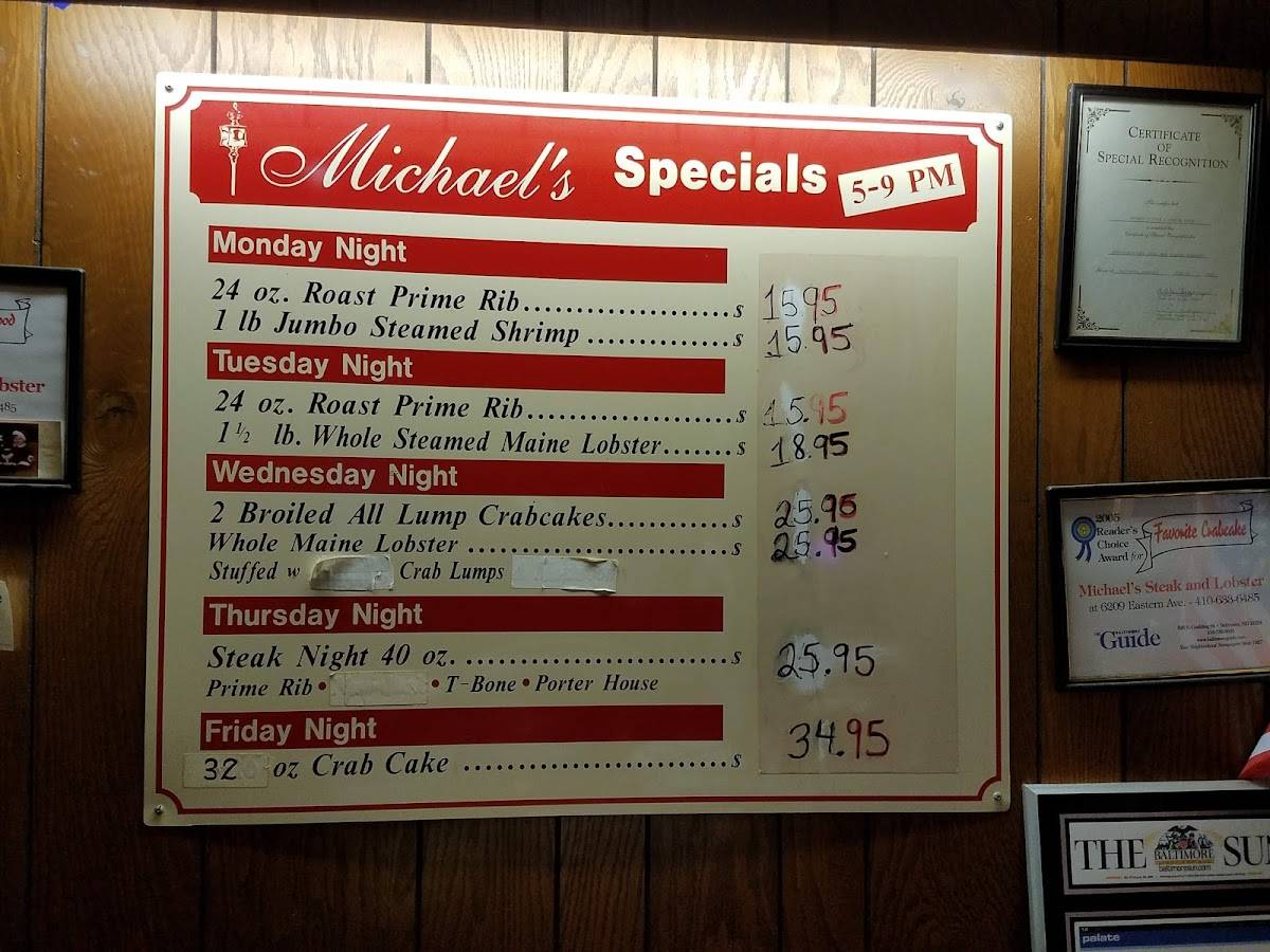 Menu at Michael's Steak & Lobster House steakhouse, Baltimore