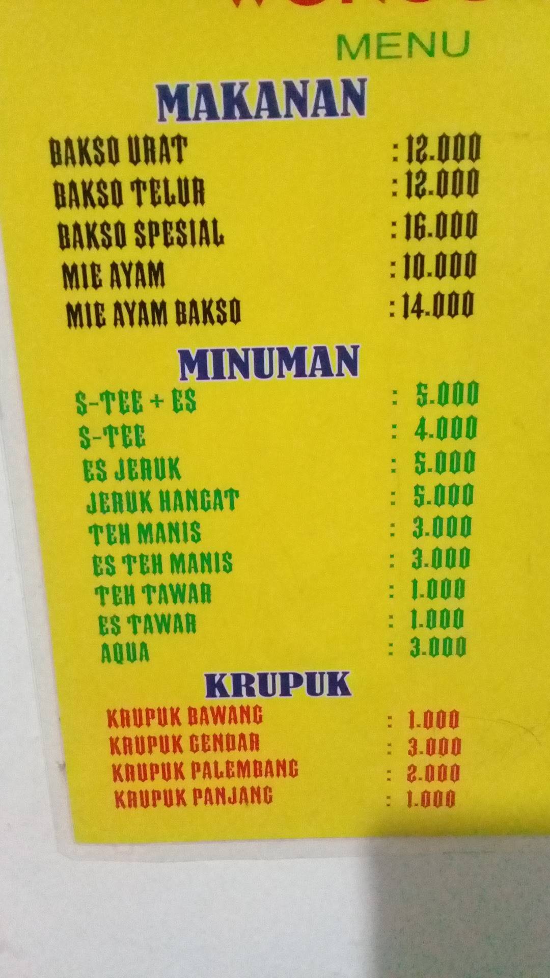 Carta Del Restaurante Mie Ayam Bakso Ki Gondrong Wonogiri Bekasi