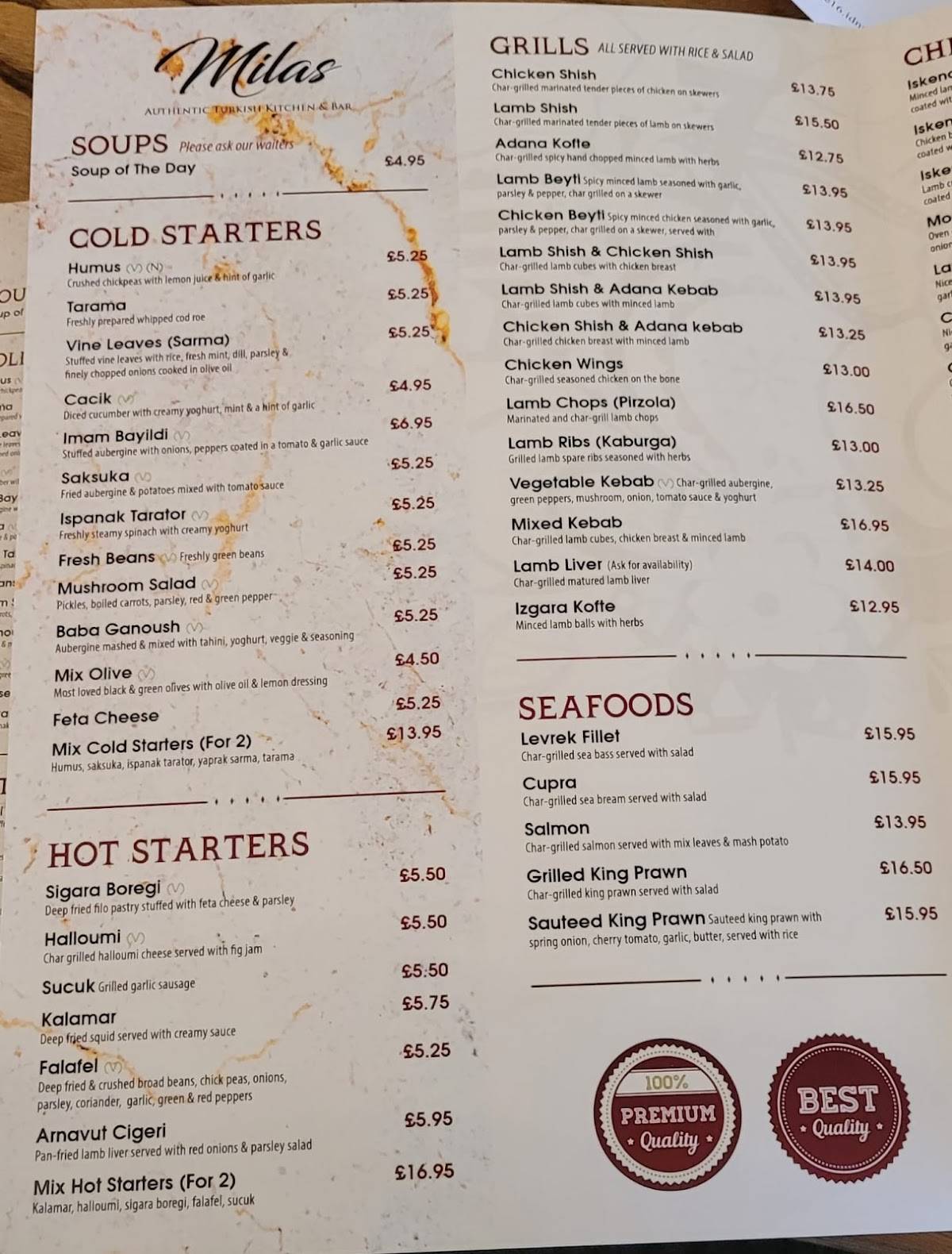 Menu at Milas restaurant, Dundee