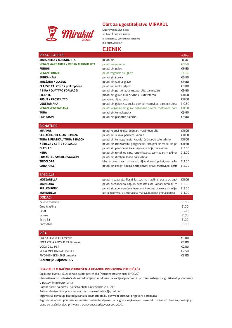 Menu di Mirakul dostava pizza 
