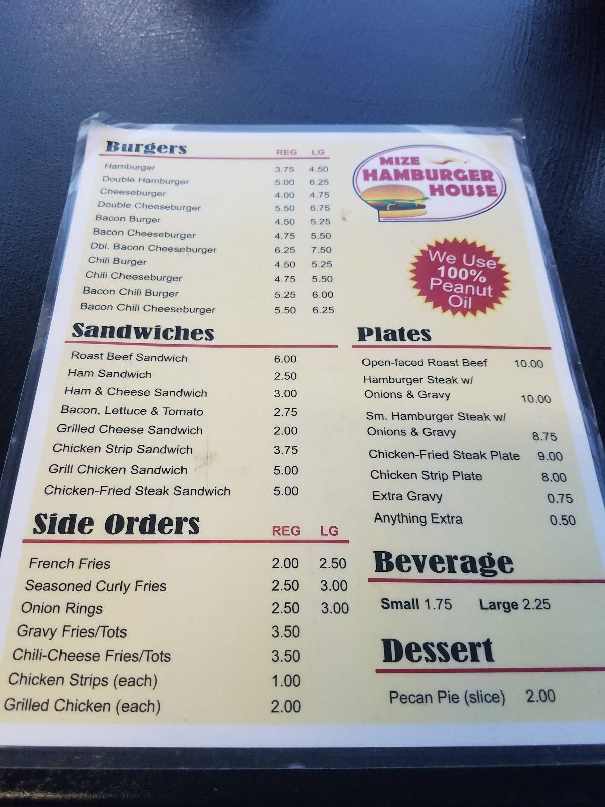 Menu at Mize Hamburger House restaurant, Mize