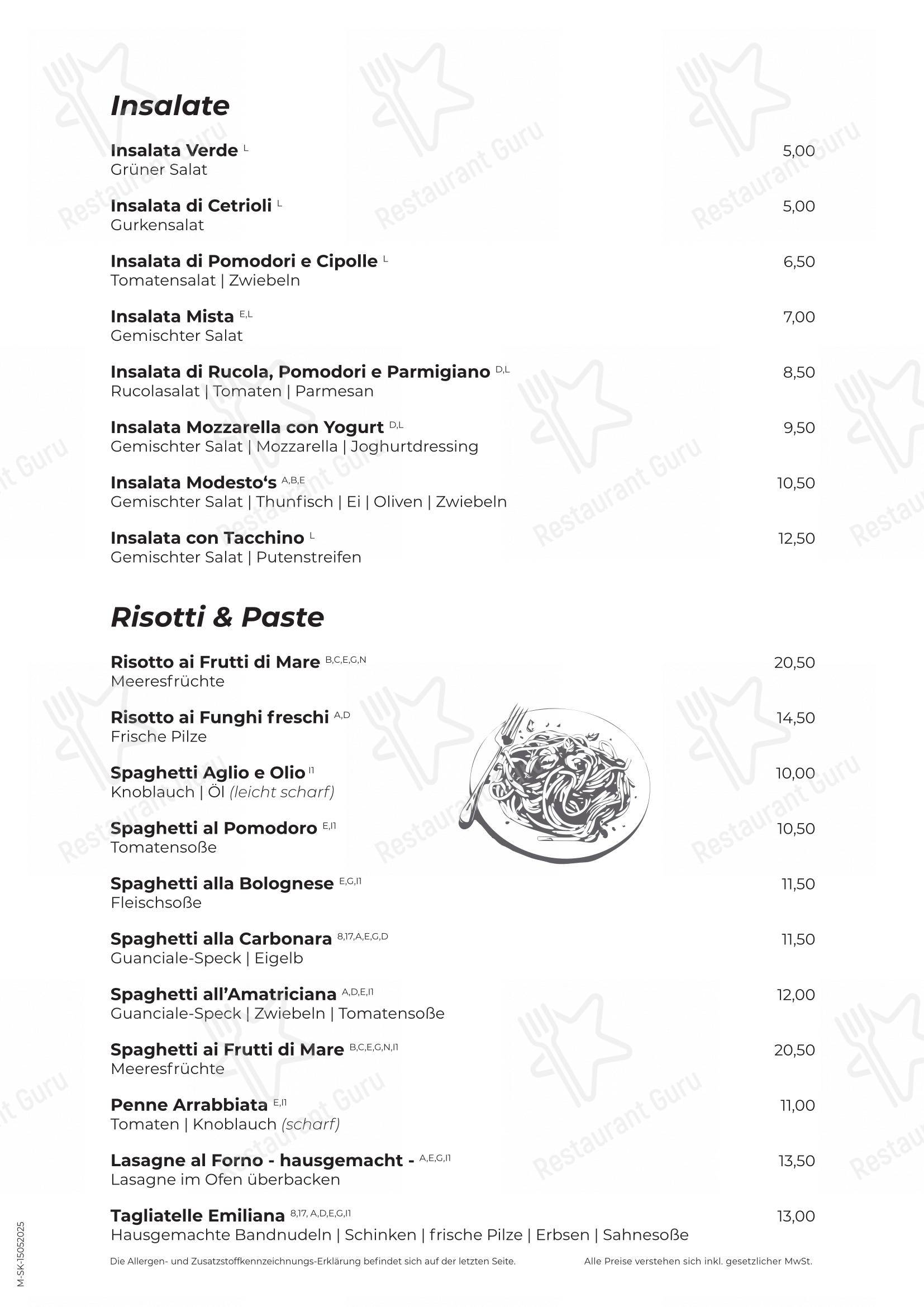 菜单 pour Modesto's pizzeria