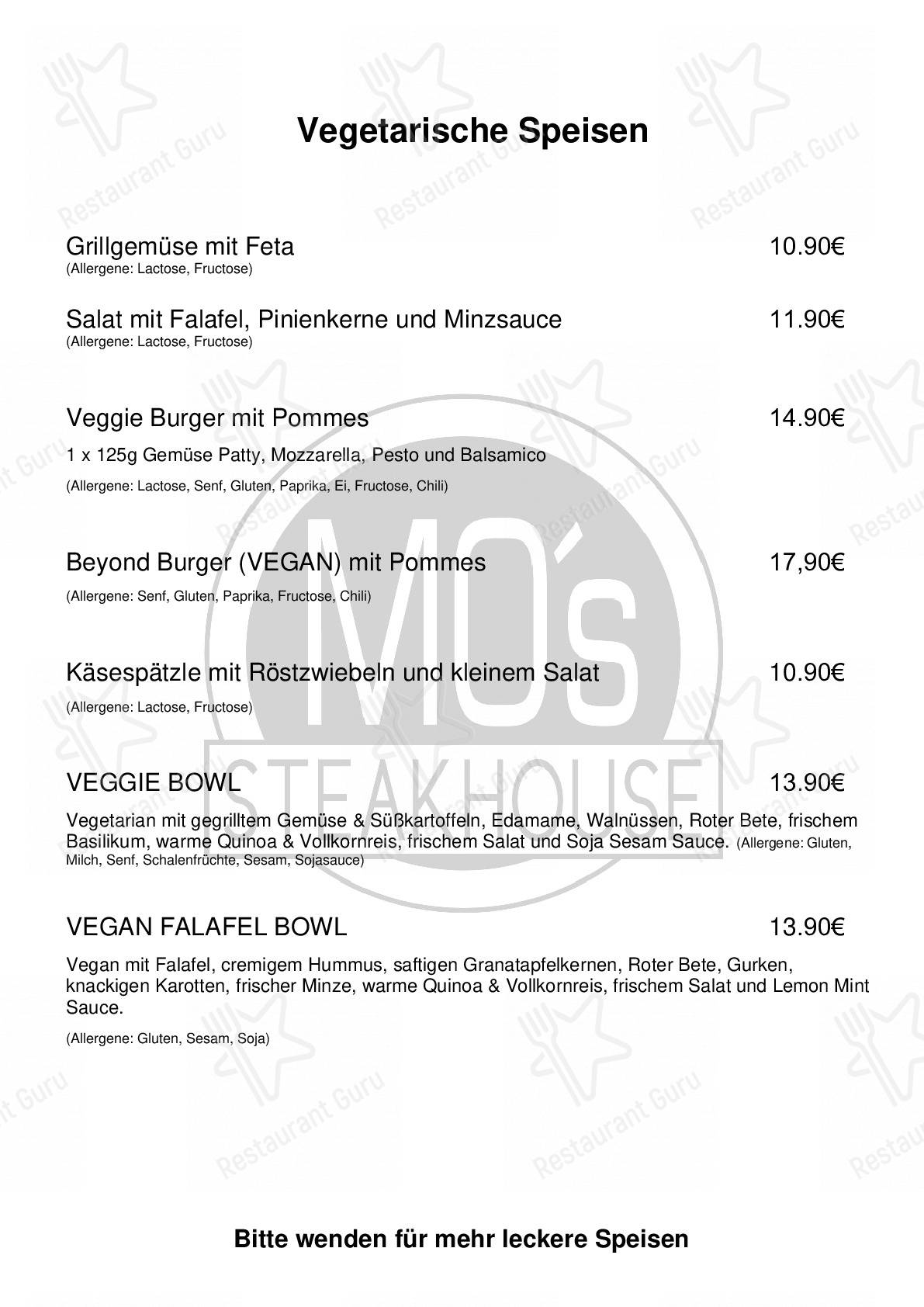Speisekarte von Mo´s Steakhouse, Holzgerlingen