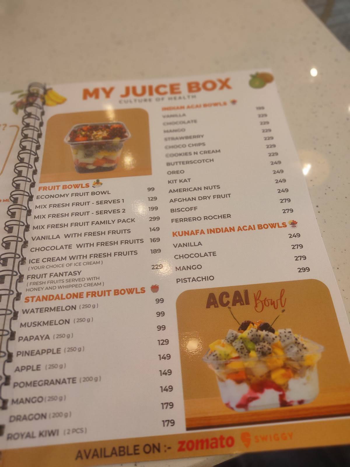 My Juice Box menu