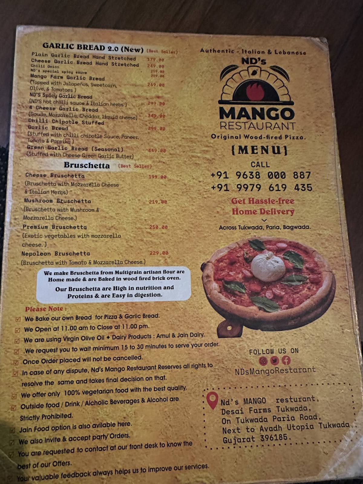 ND’s MANGO Restaurant - Vapi menu