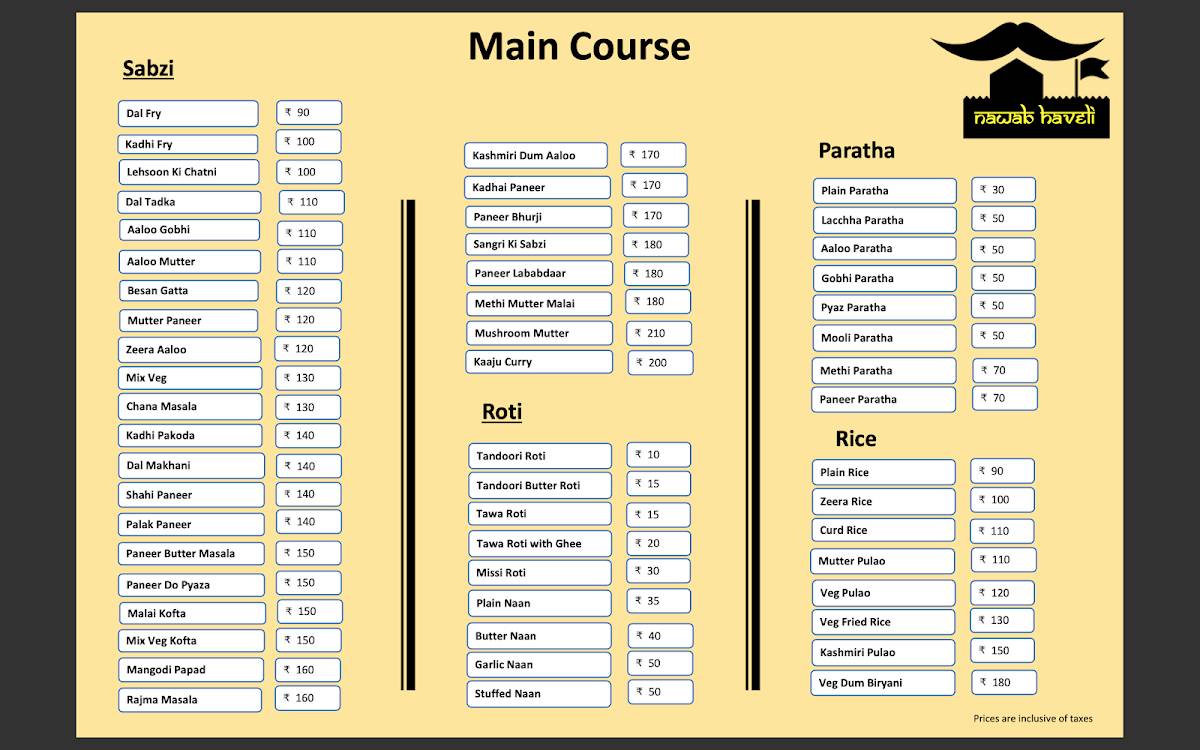 NH 52 - Nawab Haveli Restaurant, Pub & Bar menu
