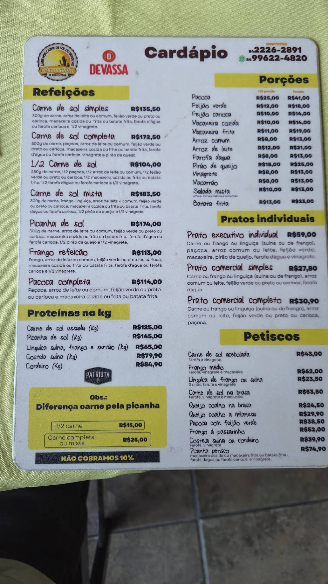 O Amarelinho cardápio