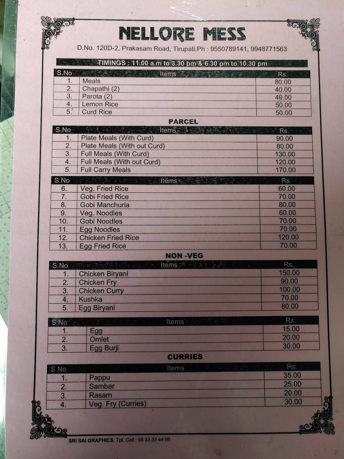 Nellore Mess menu