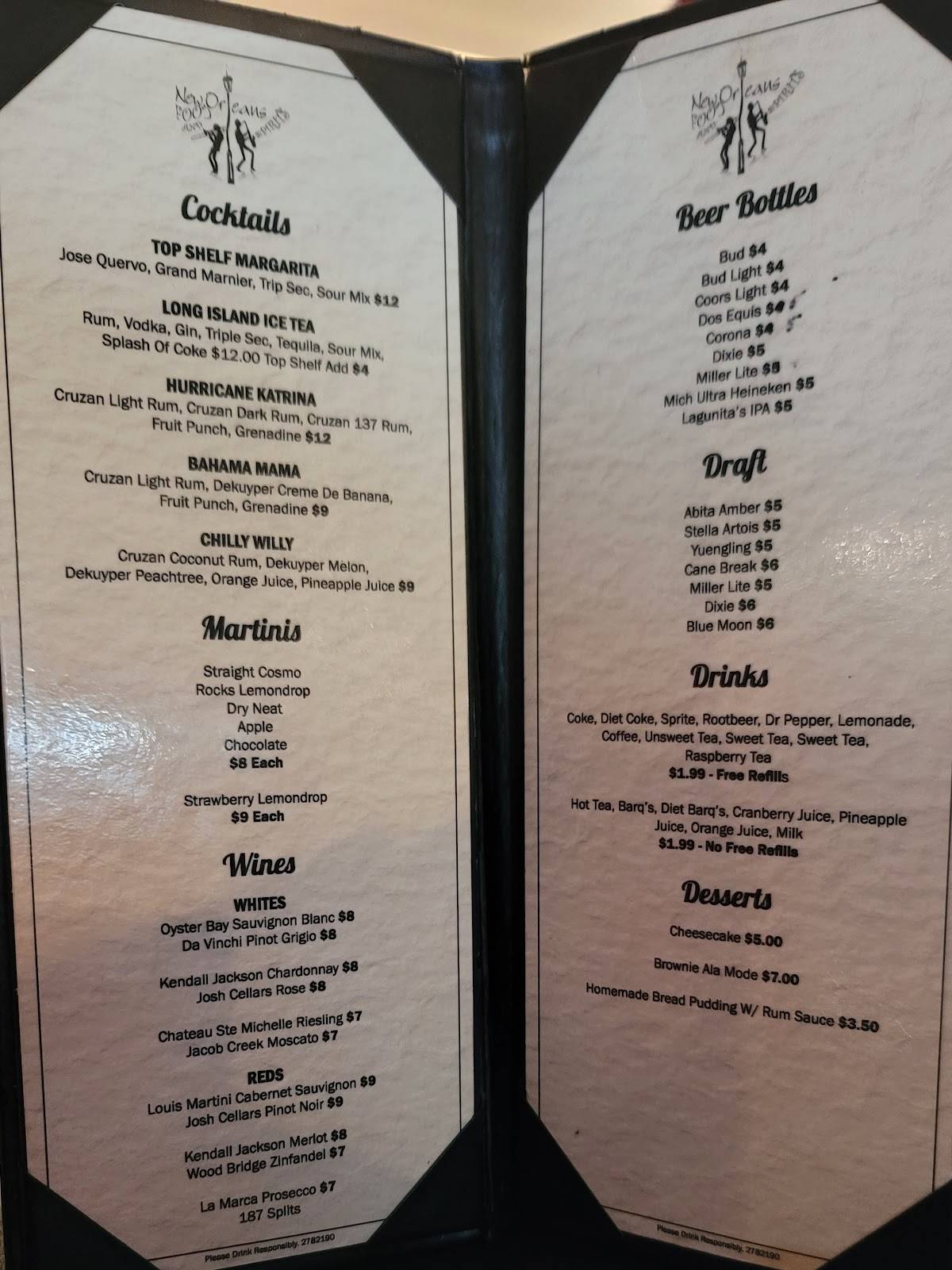 Menu at New Orleans Food & Spirits restaurant, Metairie, 210 Metairie
