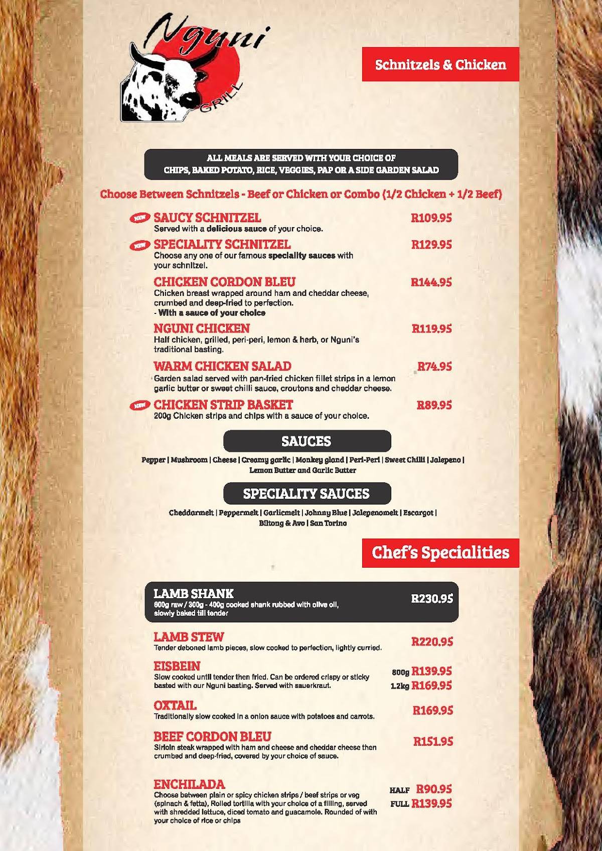 Menu at Nguni Grill restaurant, Polokwane
