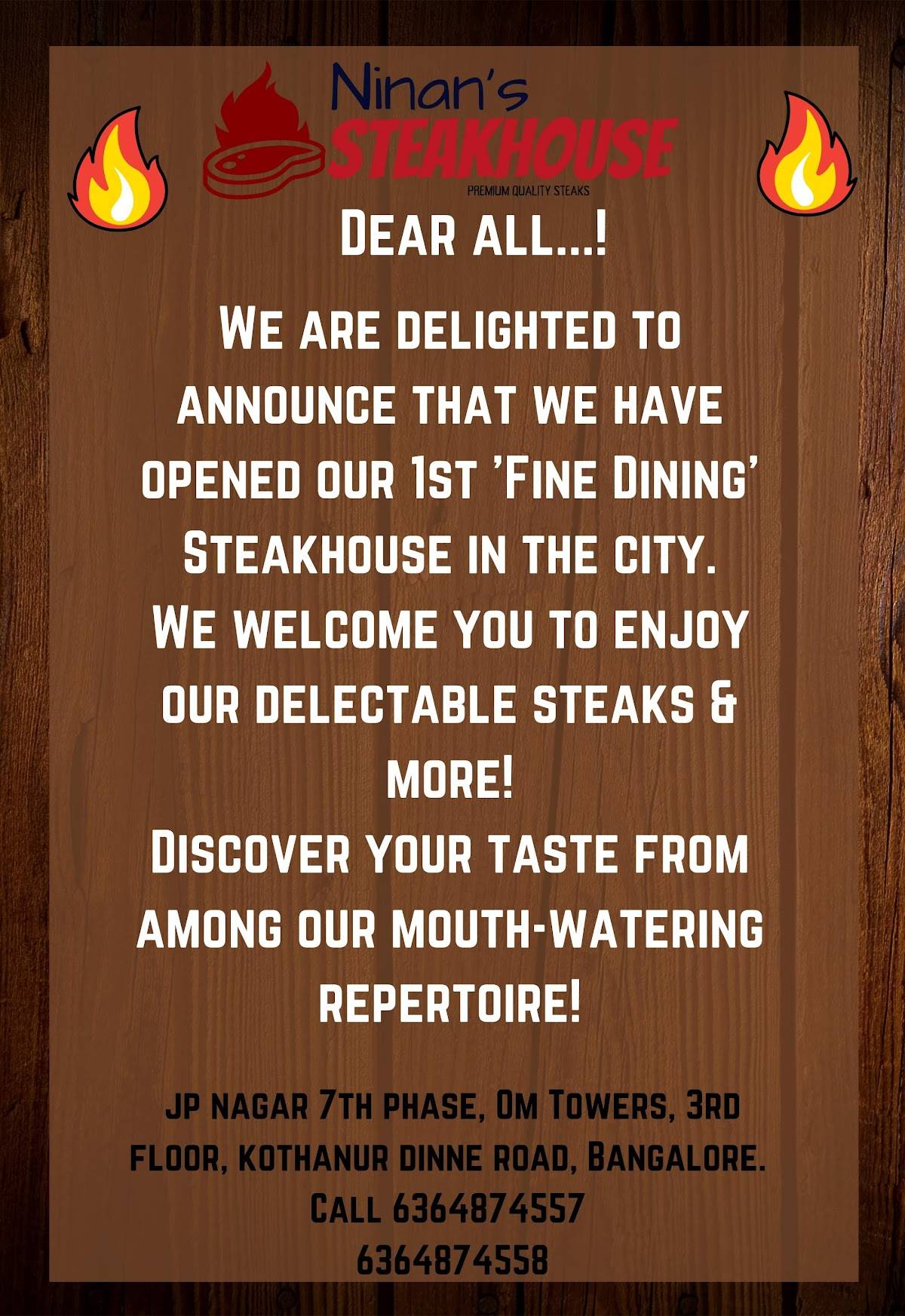 Menu at Ninan's Steakhouse, Bengaluru, Cafe Kothanur