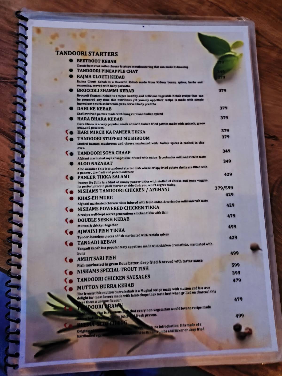 Nishams menu