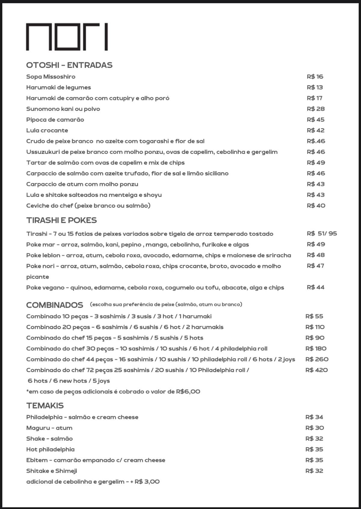 Nori Sushi cardápio