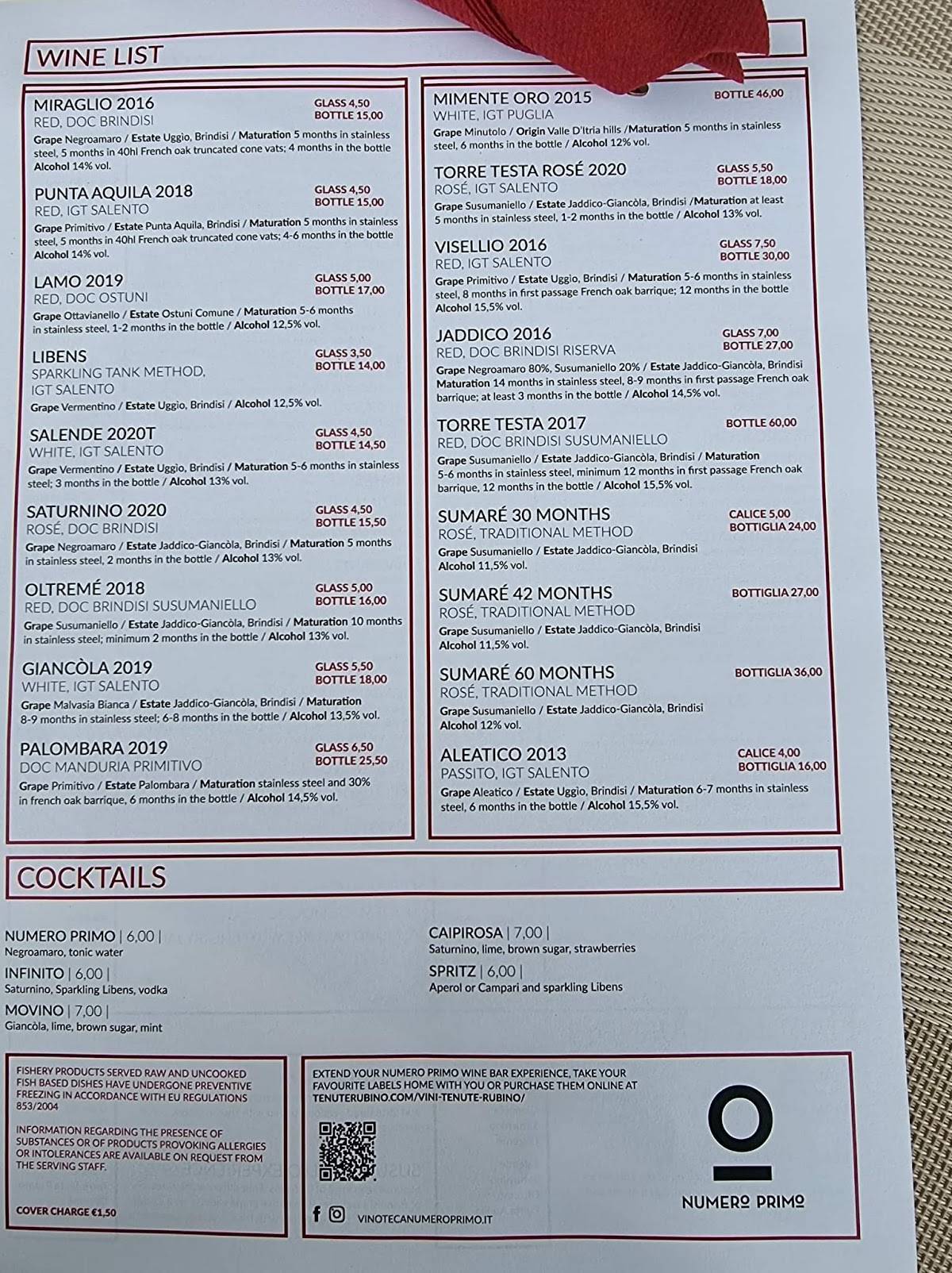 Menu di Vinoteca Numero Primo 
