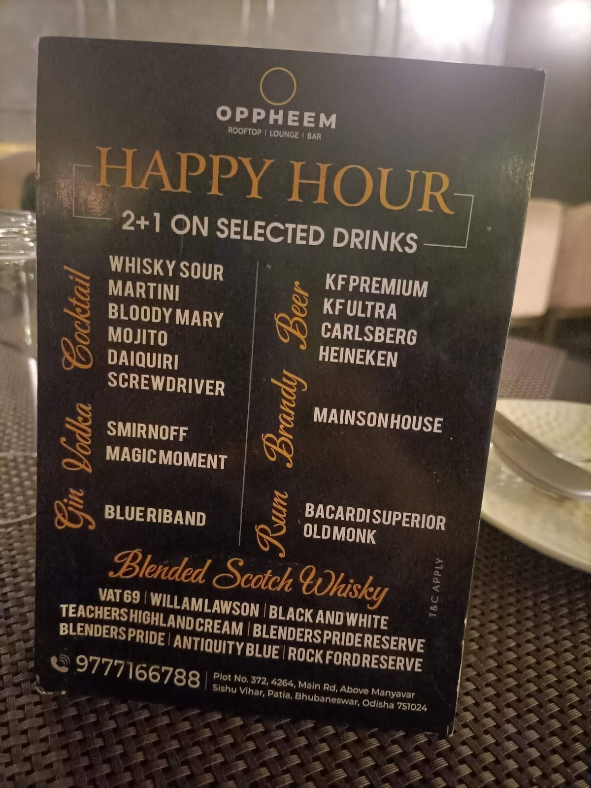 OPPHEEM ROOFTOP LOUNGE & BAR menu