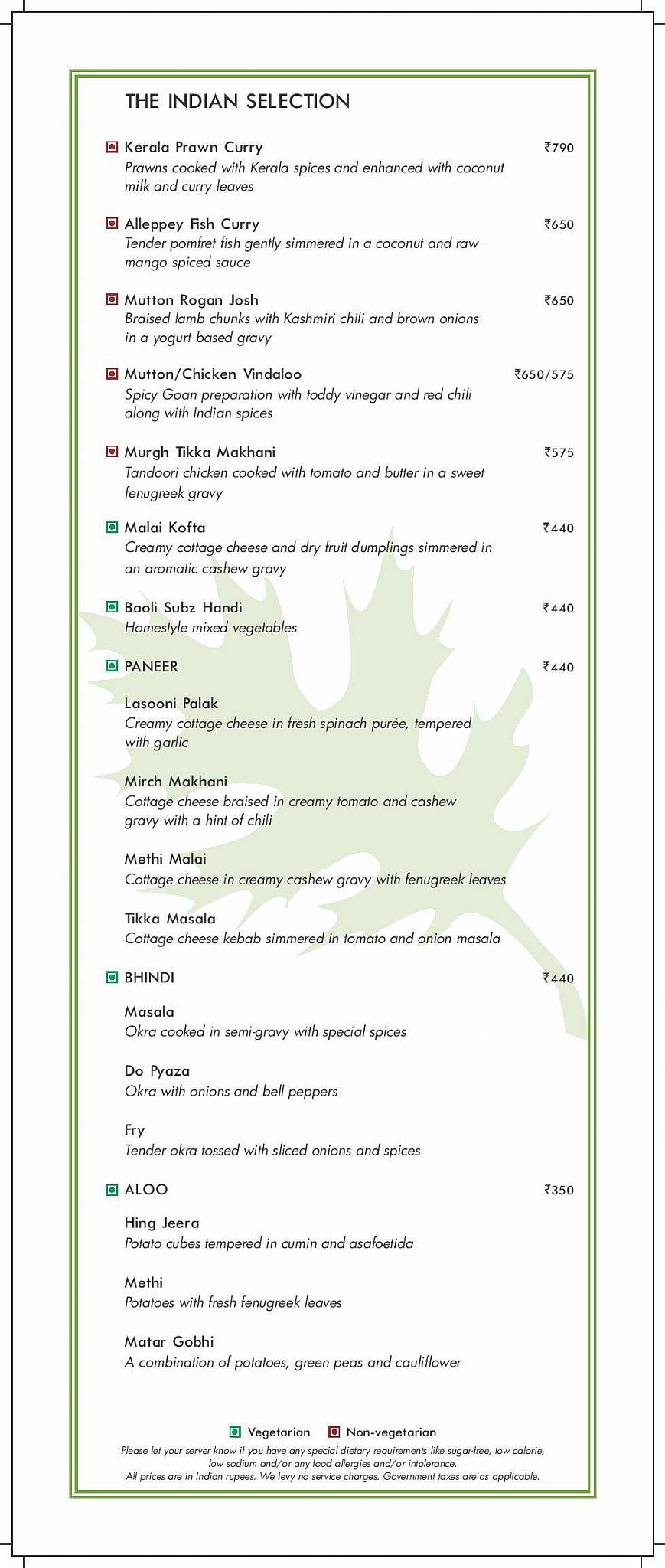 Oakwood Residence Kapil Hyderabad menu