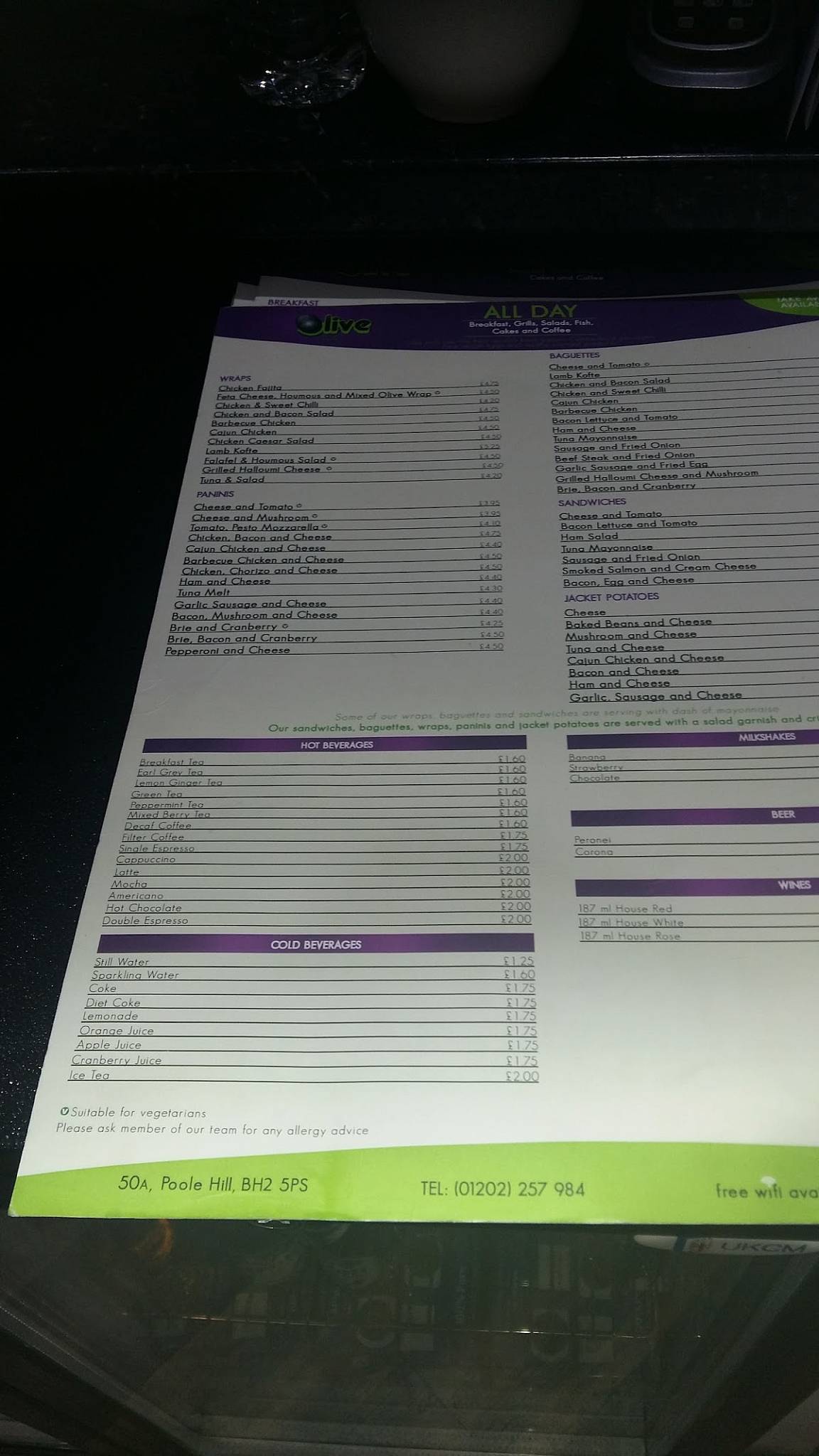 Menu at Olive Cafe, Bournemouth