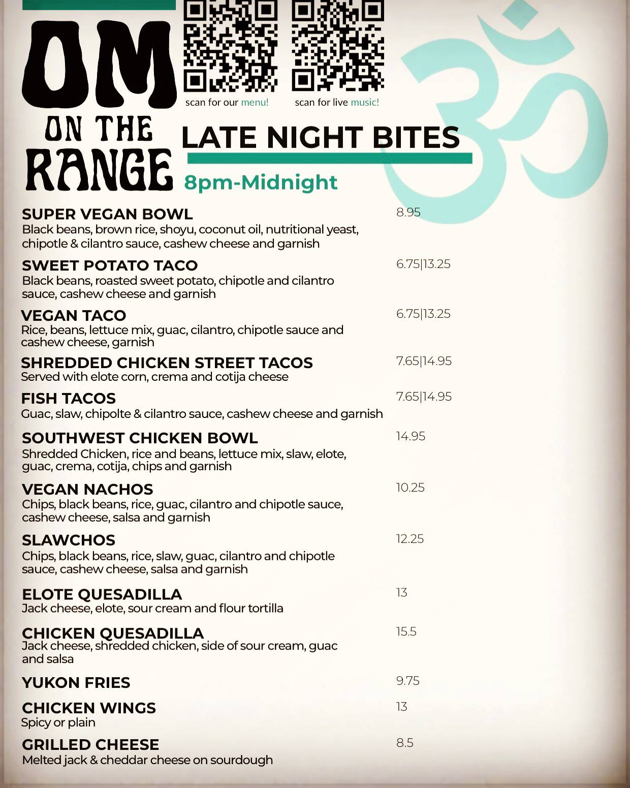 Menu at Om on the Range restaurant, Chico