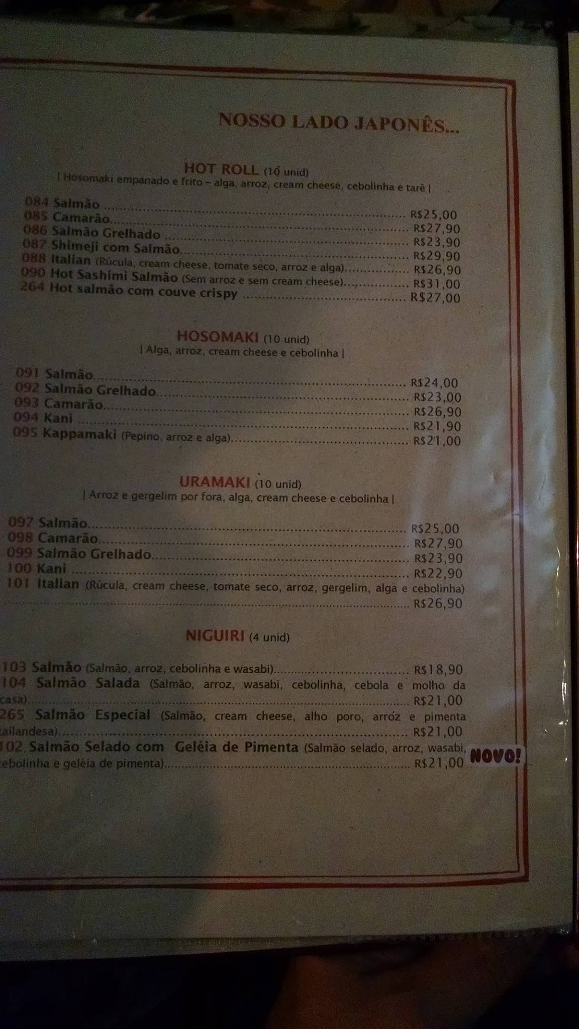 Menu at Omôri restaurant, Uberaba