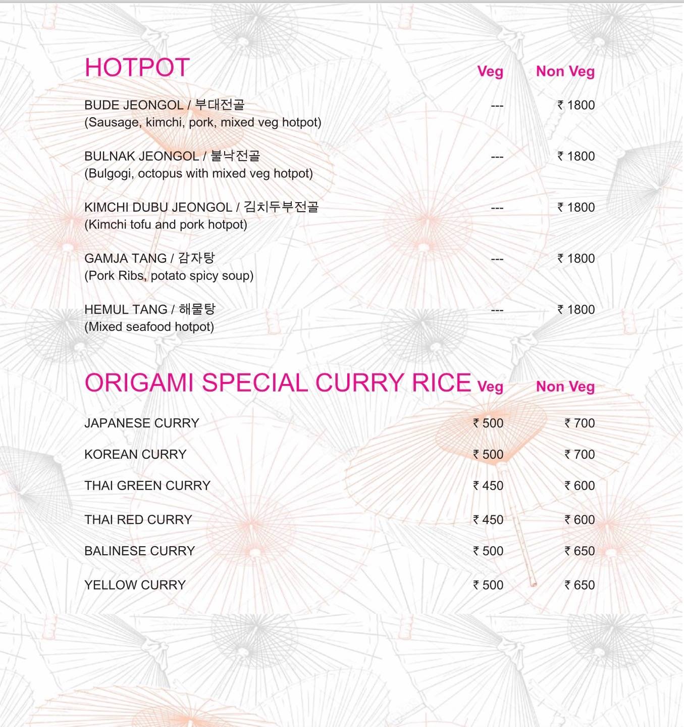 Origami Japanese & Korean Restaurant menu