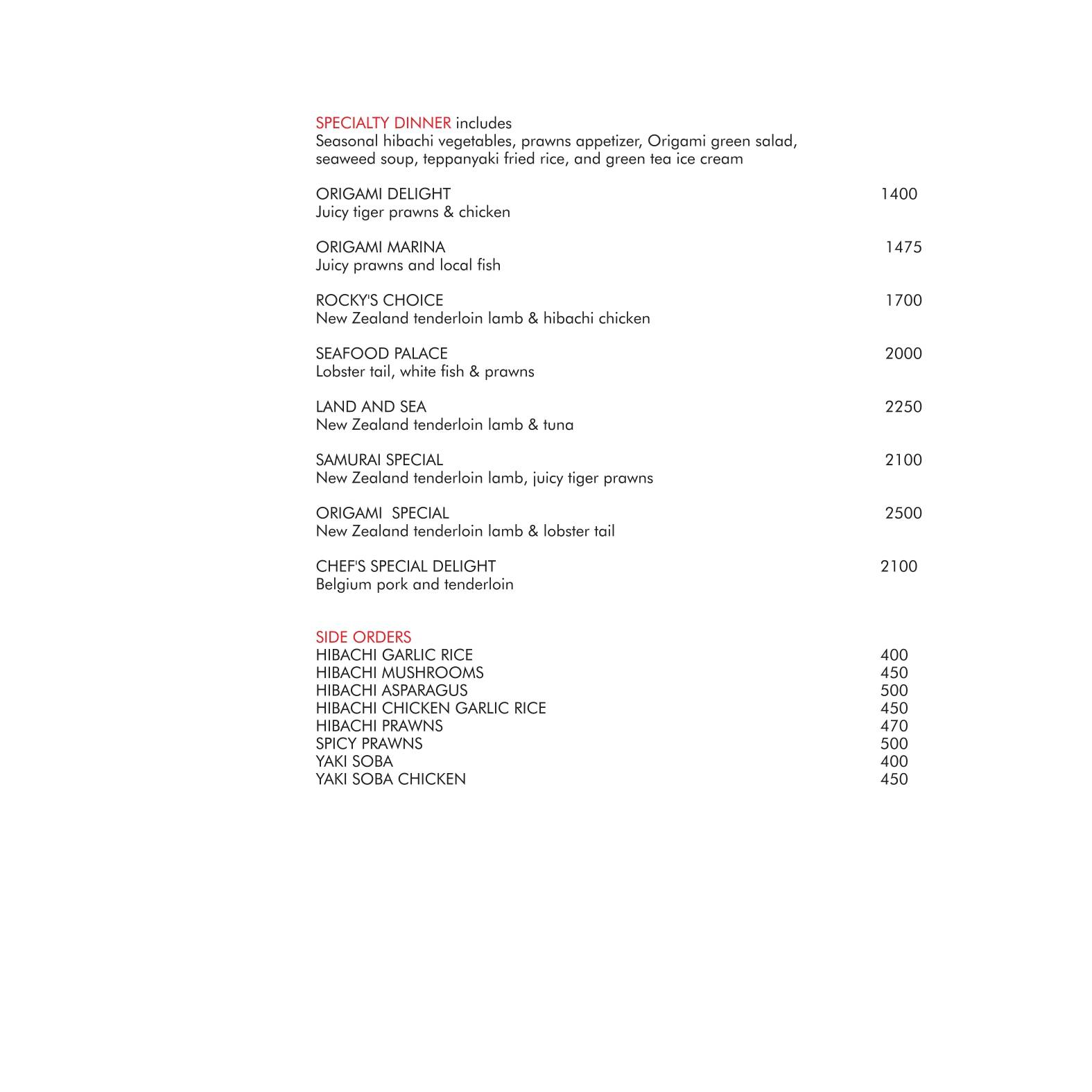 Origami Japanese & Korean Restaurant menu