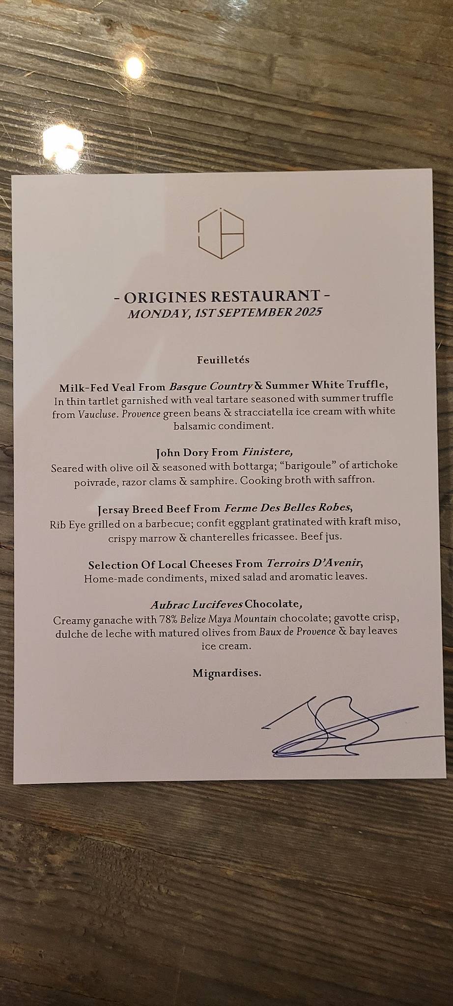 Menu de Origines Paris