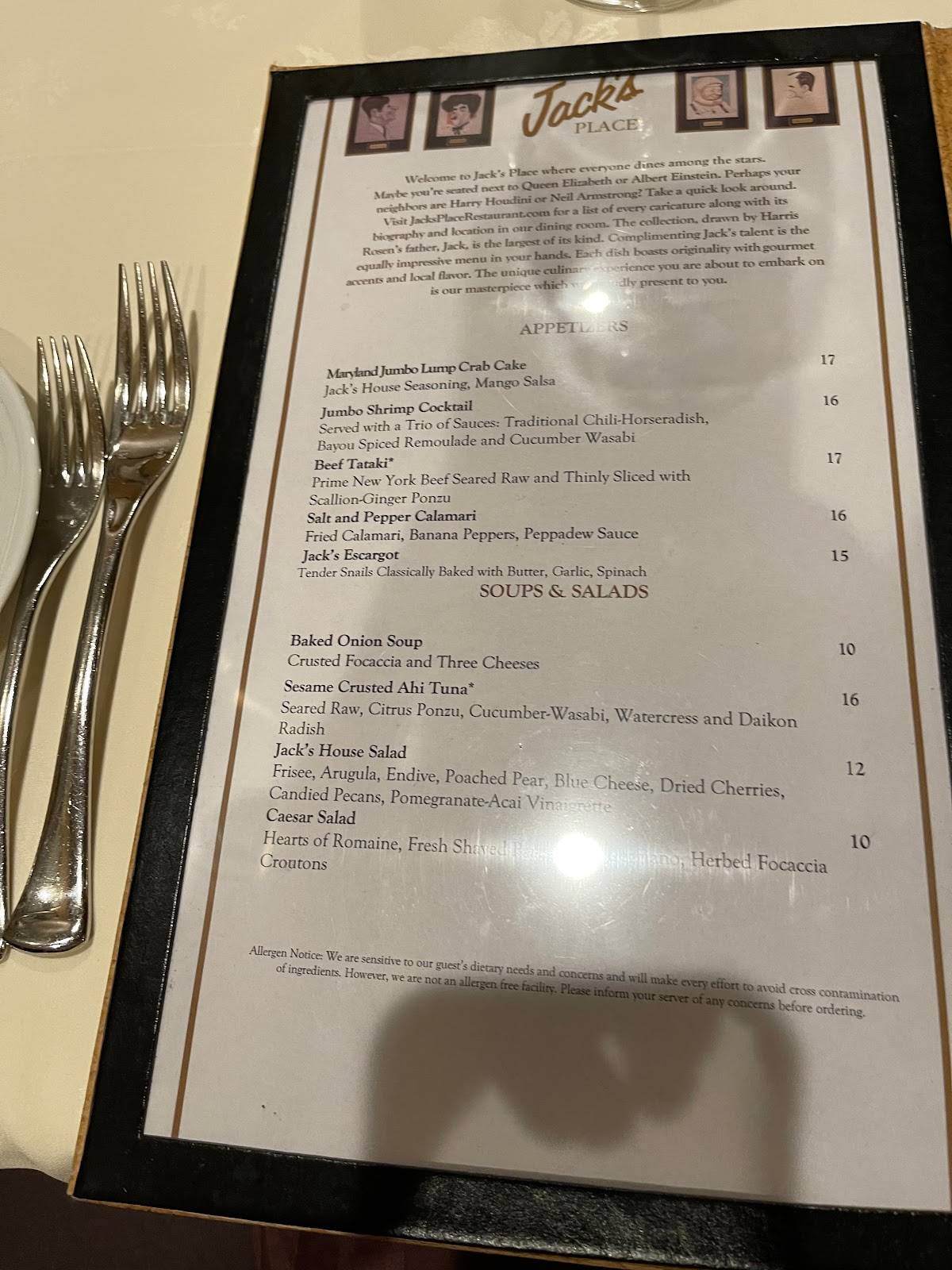 Menu at Jack's Place steakhouse, Orlando, International Dr