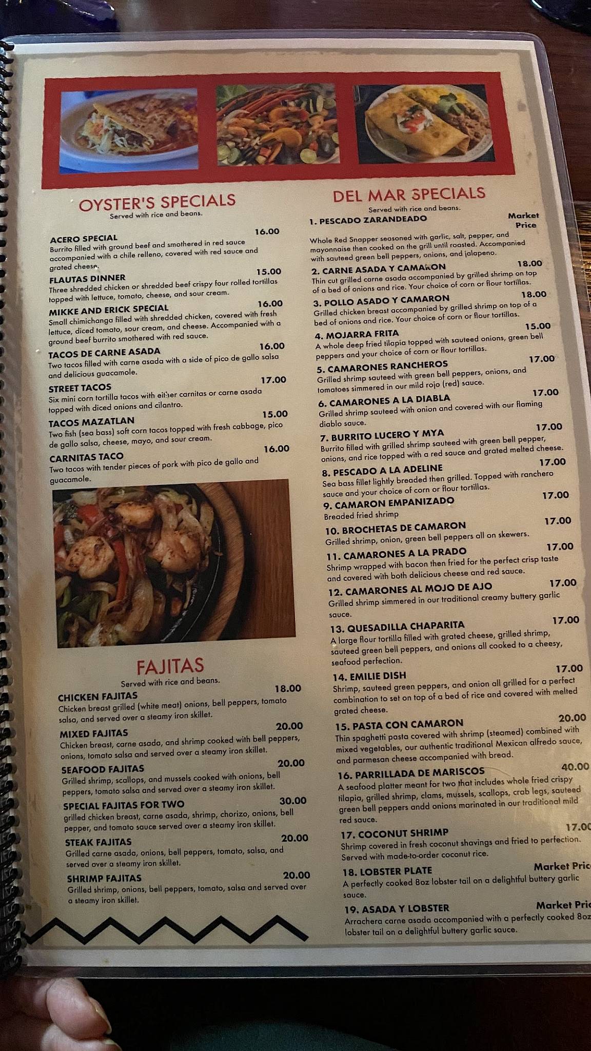 Menu at Oyster's Mexican & Seafood restaurant, Kingman