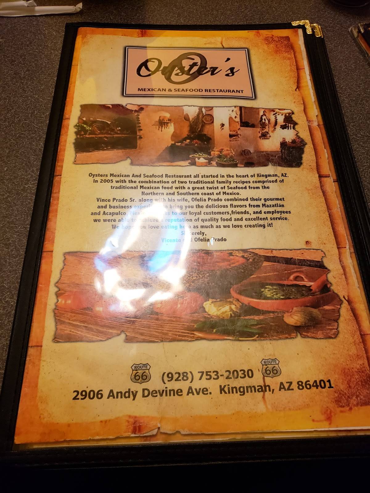 Menu at Oyster's Mexican & Seafood restaurant, Kingman